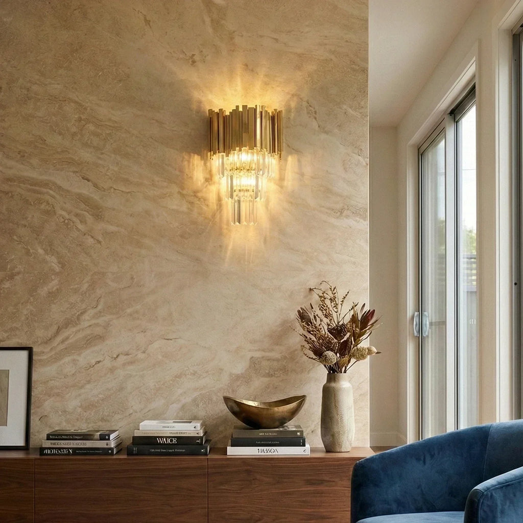 Art Deco Crystal Wall Sconce Gold Chrome – Empire Style E12 Dimmable Wall Light