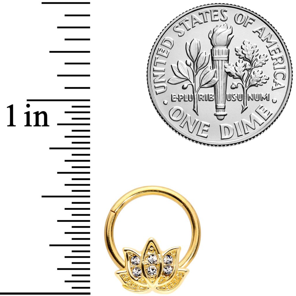 16G 3/8 Clear Gem Gold Tone Lotus Flower Hinged Segment Ring