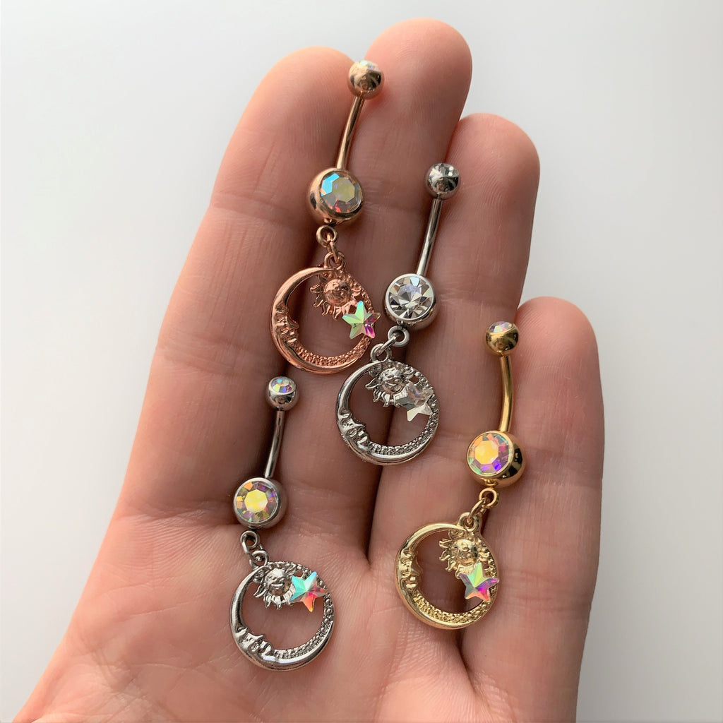 Clear Gem Sun Moon Star Dangle Belly Ring