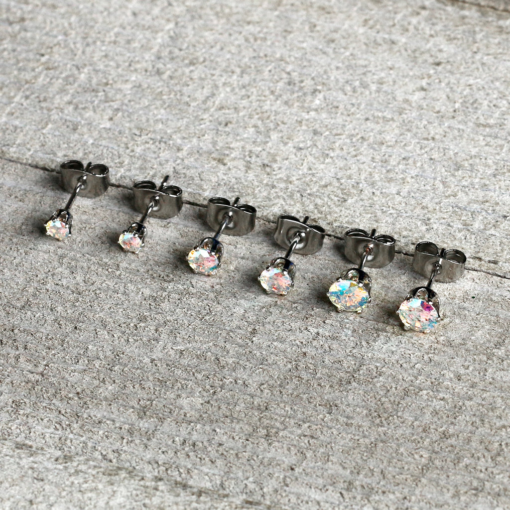 20G Aurora CZ Gem 3mm to 5mm Post Stud Earring Set of 3