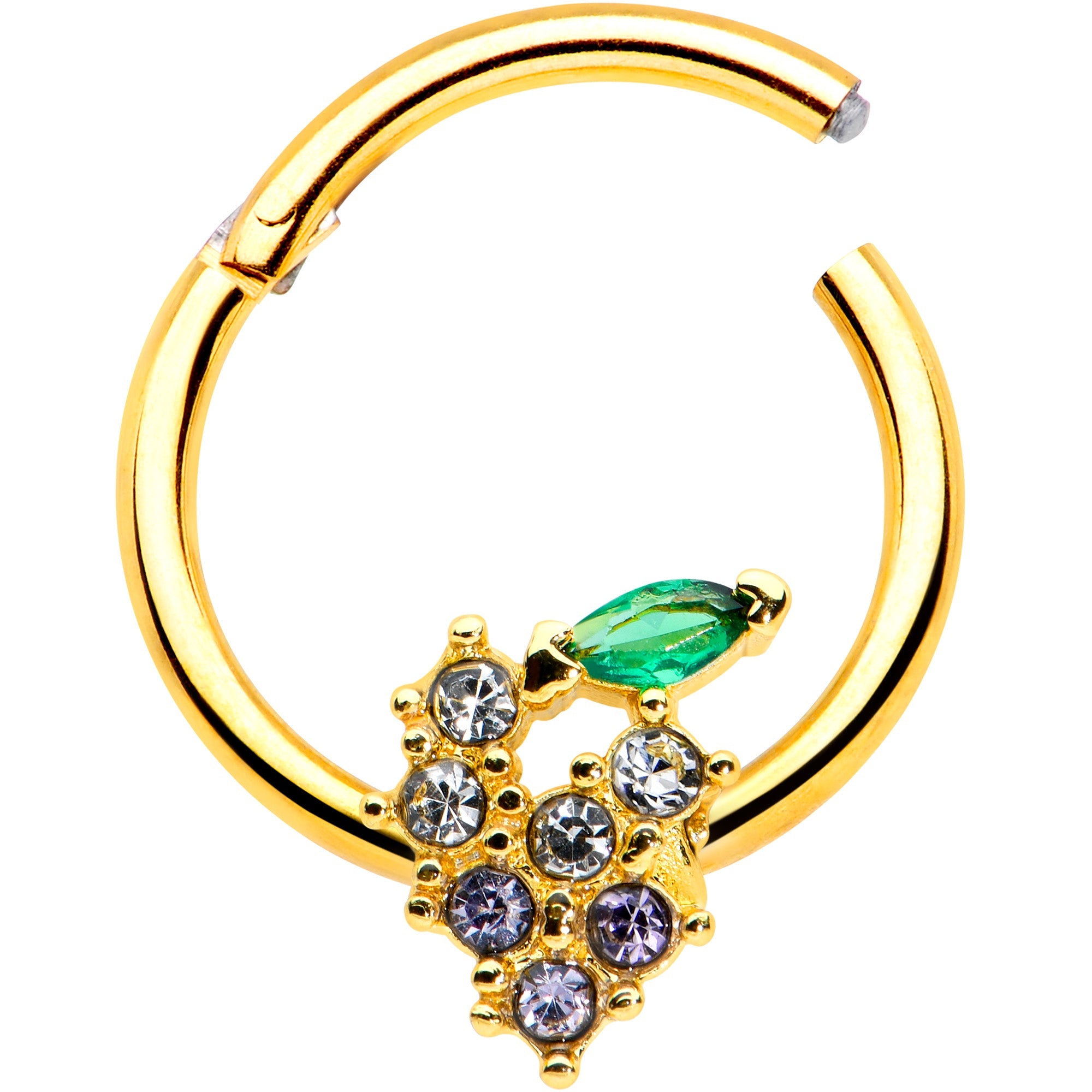 16G 3/8 Clear CZ Gem Gold Tone Bunch Grapes Hinged Segment Ring