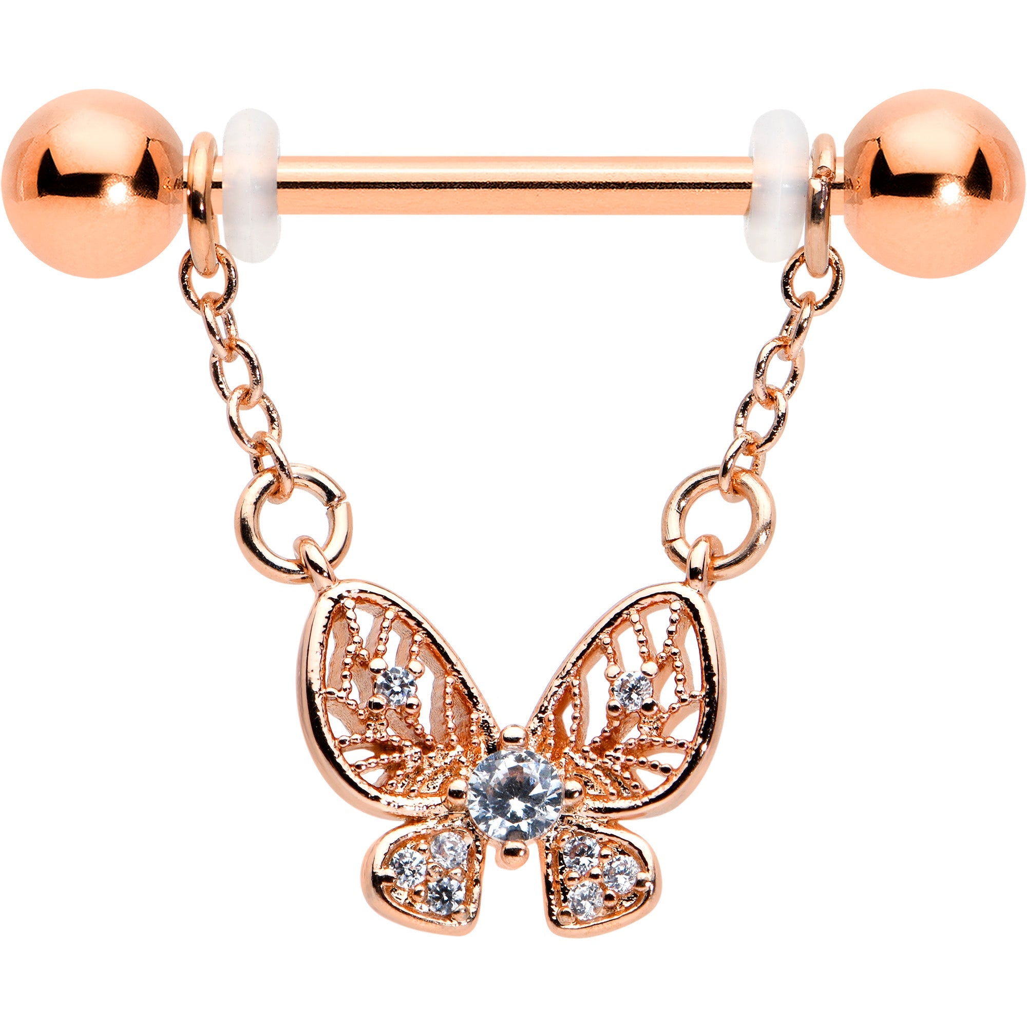 14G 5/8 Clear Gem Rosy Tone Airy Butterfly Dangle Nipple Ring Set