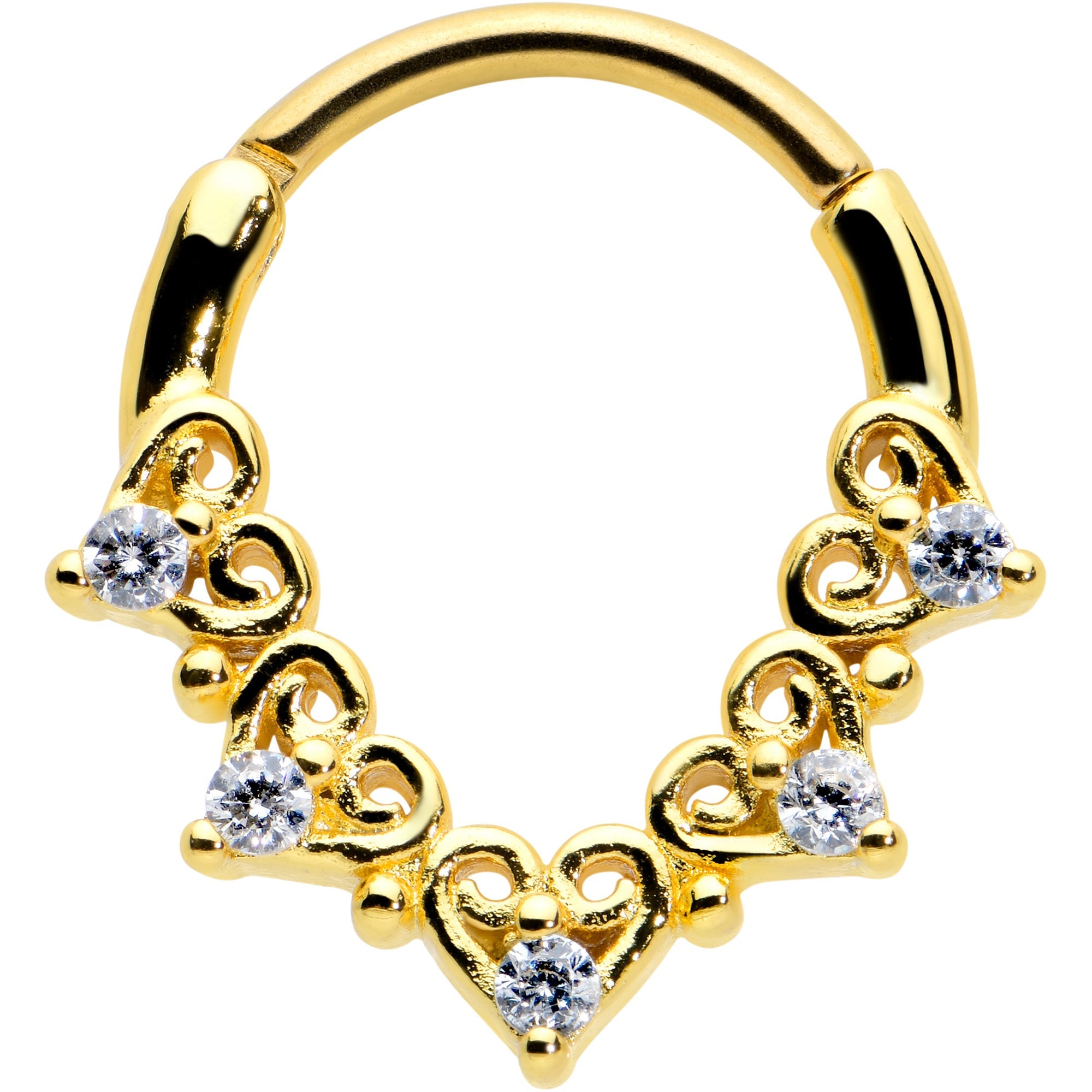16G 3/8 Clear CZ Gem Gold Tone Heart Filigree Cartilage Clicker