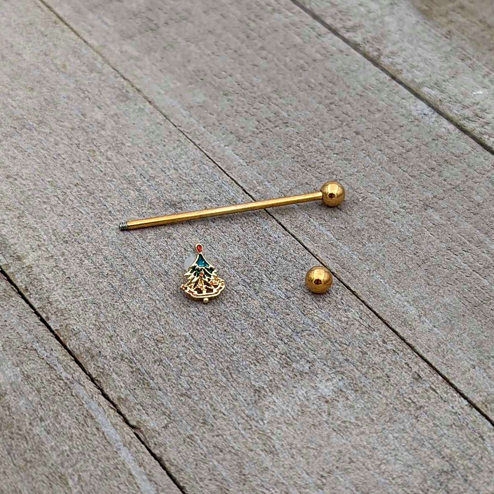 14G Red Gem Gold Tone Deco Holiday Tree Industrial Barbell 38mm