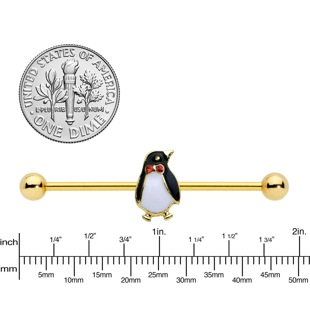 14G Red Gem Gold Tone Bow Tie Penguin Industrial Barbell 38mm