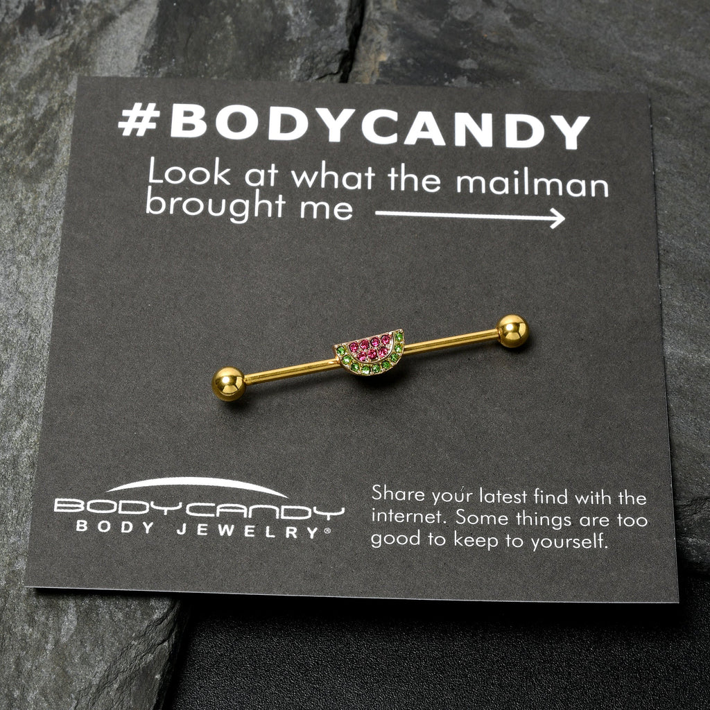 14G Pink Green Gem Gold Hue Watermelon Yum Industrial Barbell 38mm