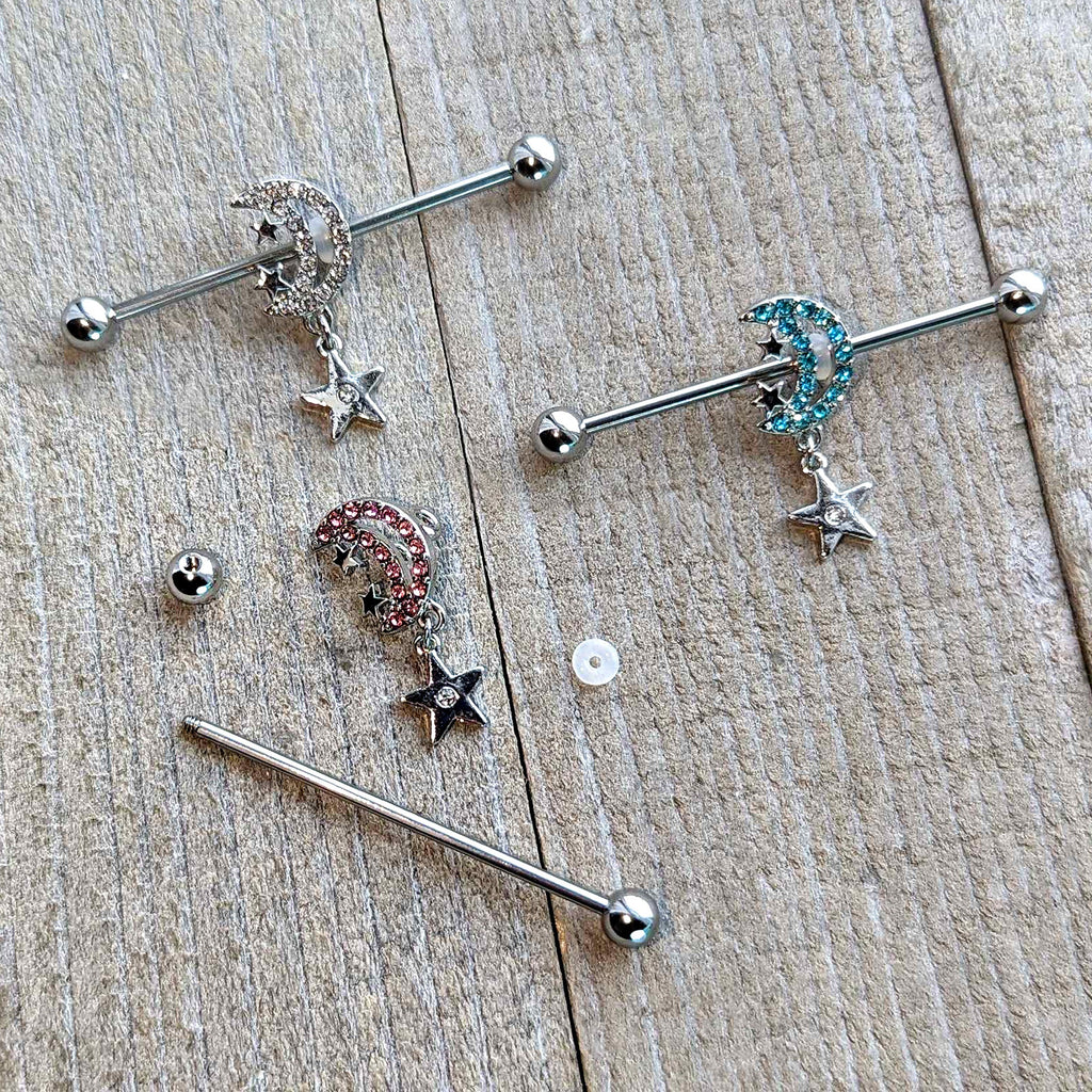 14G Pink CZ Gem Moon Dangle Star Industrial Barbell 38mm