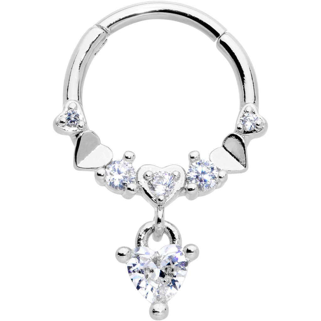 16G 3/8 Clear CZ Gem Love Heart Dangle Hinged Segment Ring