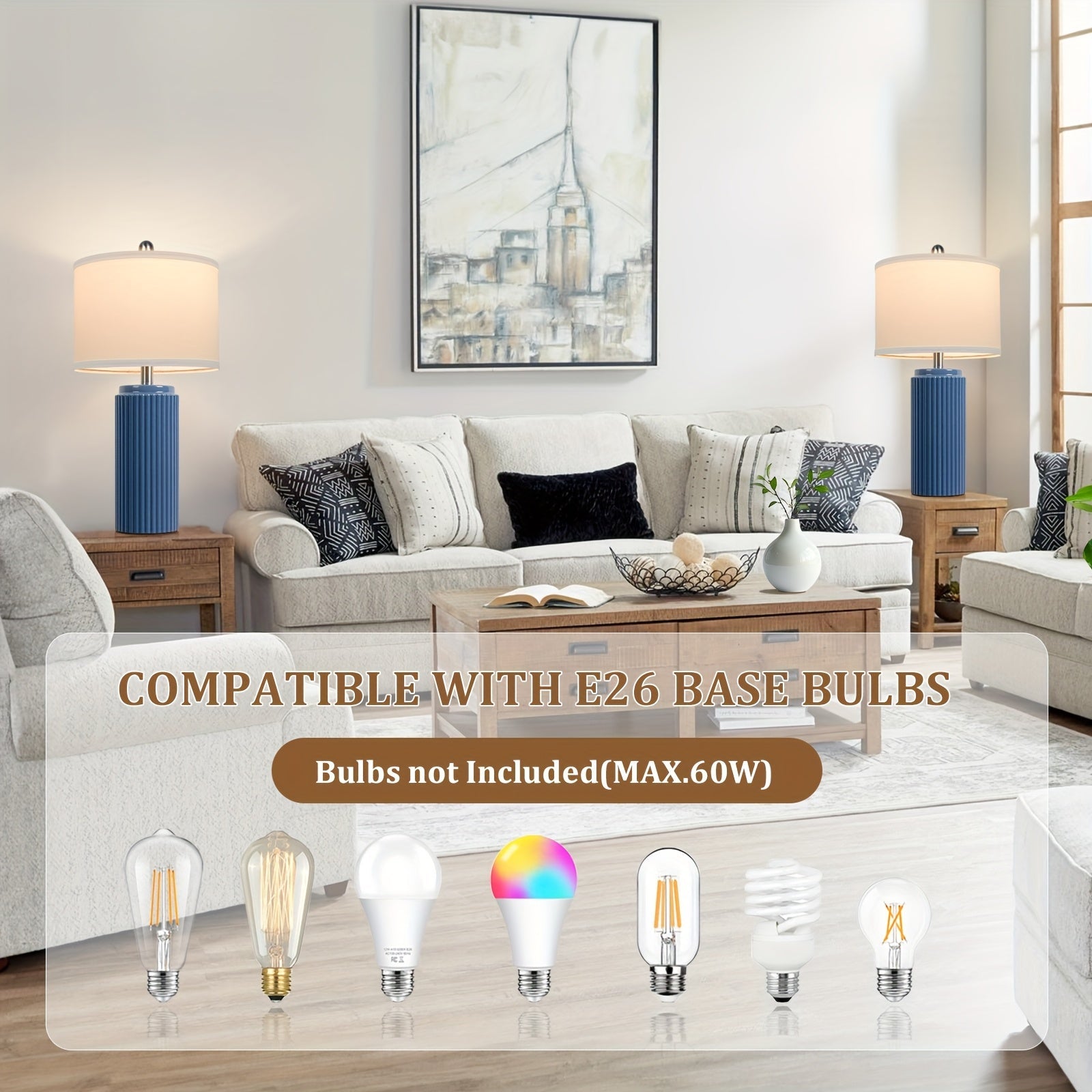 Farmhouse Table Lamps Set of 2 – Ceramic Base Bedside Lamps for Bedroom & Living