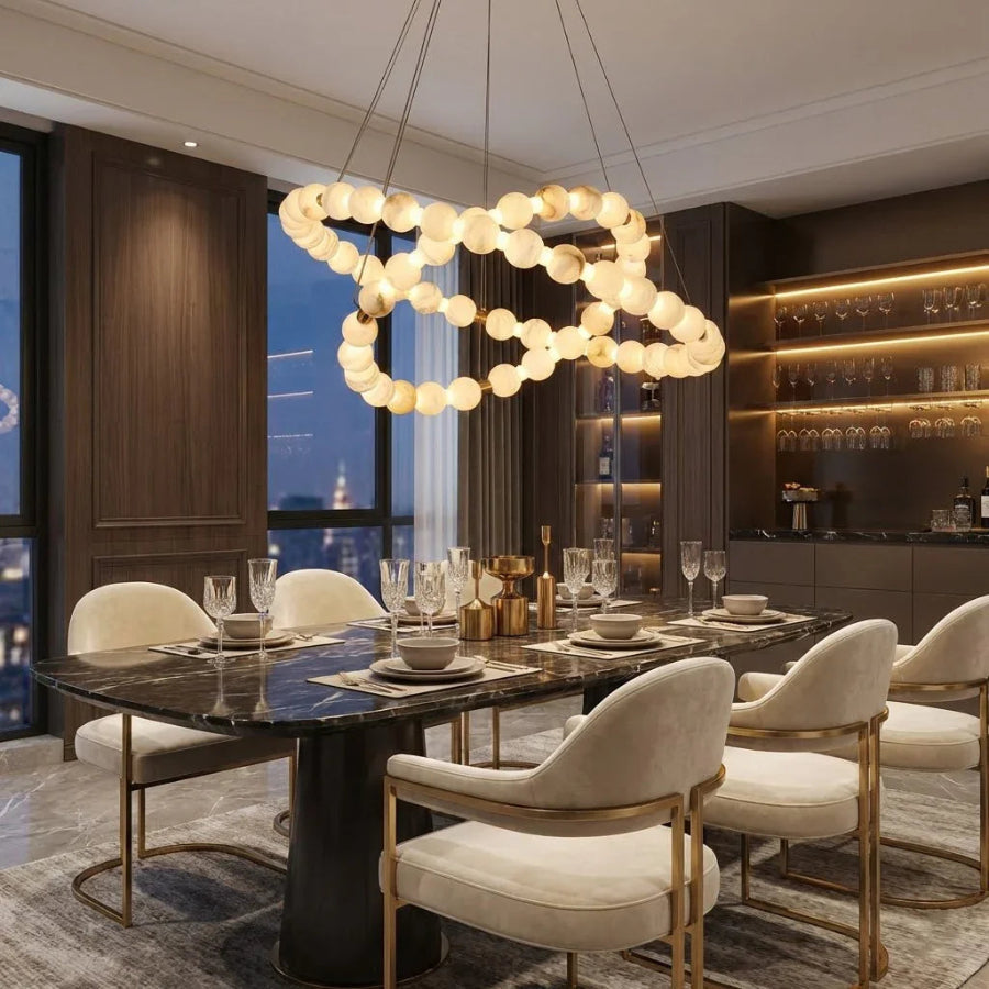 Alabaster Ring Chandelier – Gold Beaded LED Luxury Ceiling Light