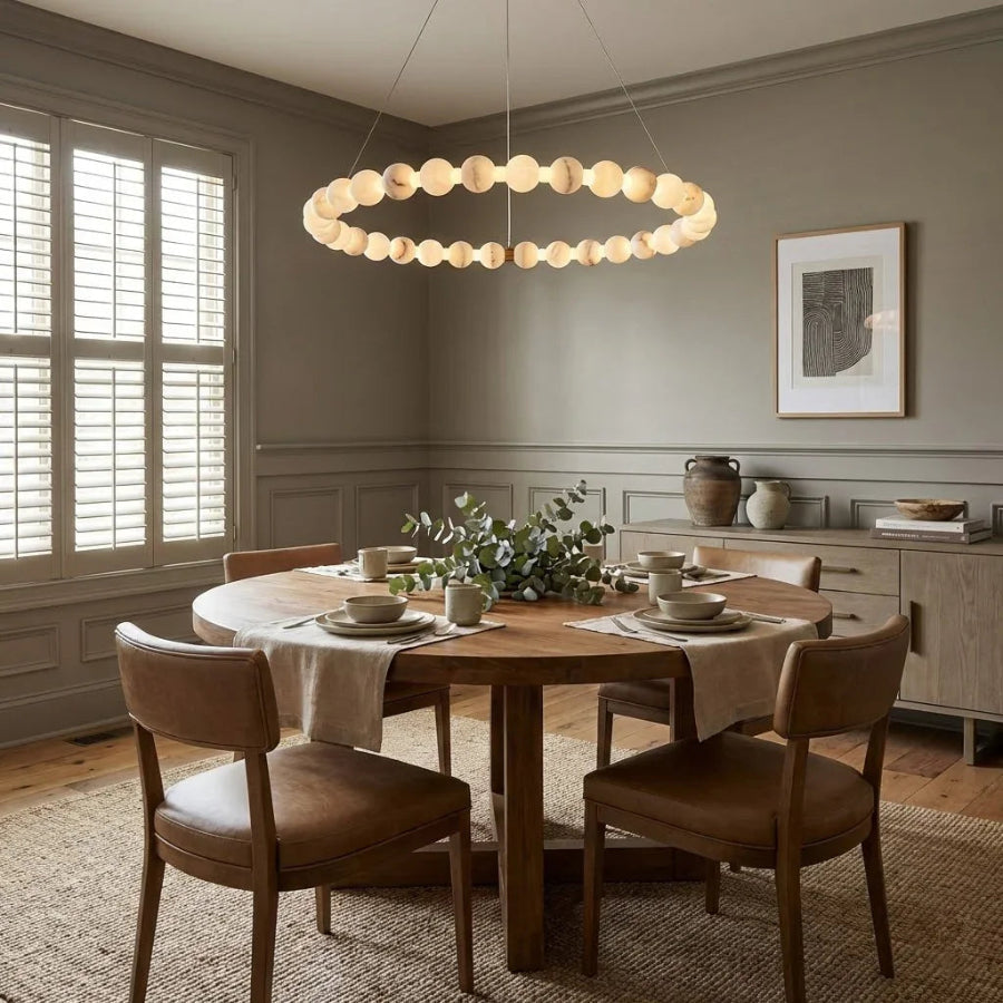 Alabaster Ring Chandelier – Gold Beaded LED Luxury Ceiling Light