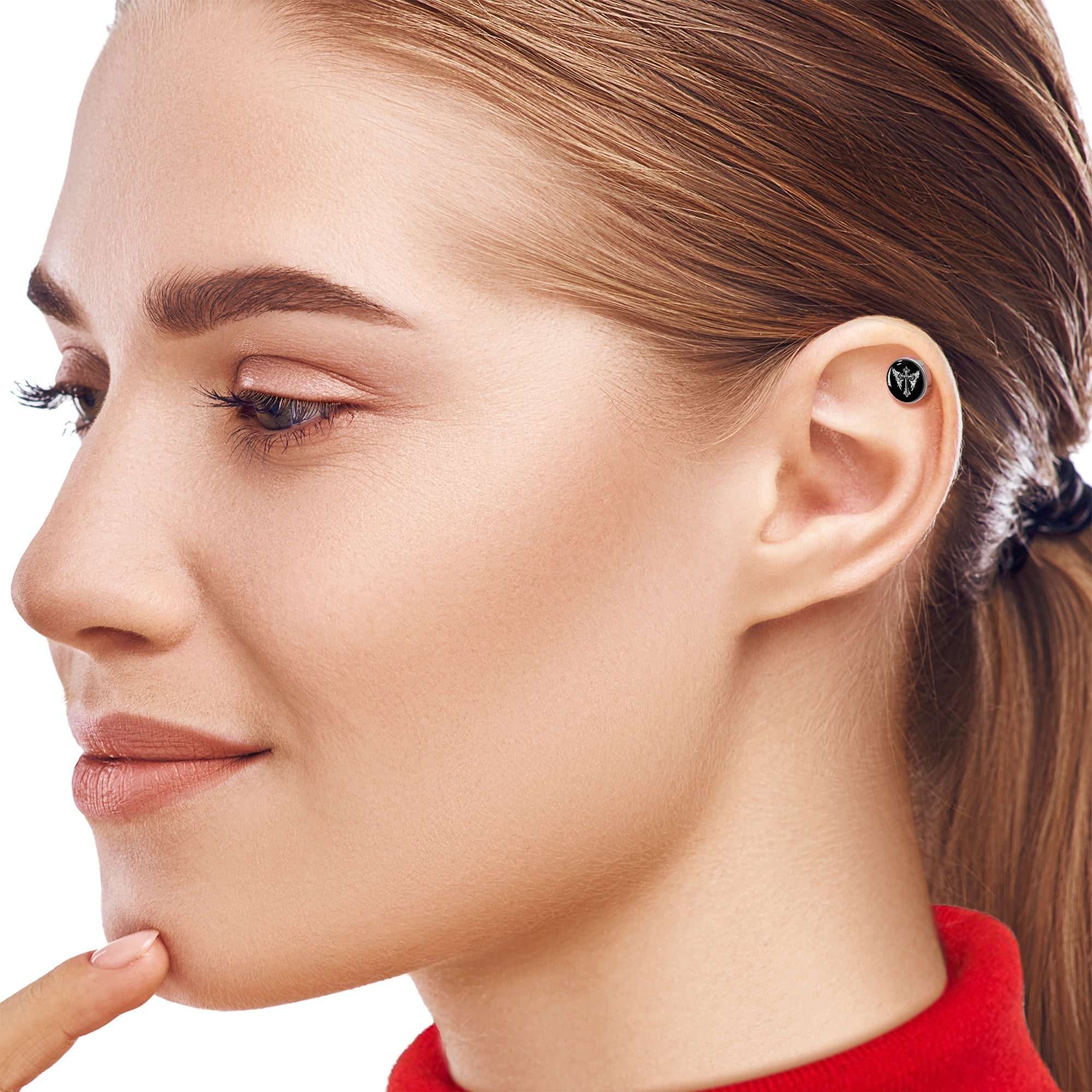16G 1/4 Black White Winged Cross Tragus Cartilage Earring by Onyx O