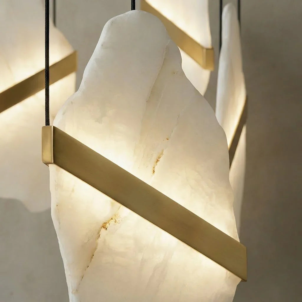 Cascading Alabaster Chandelier LED Gold Modern Staircase Light