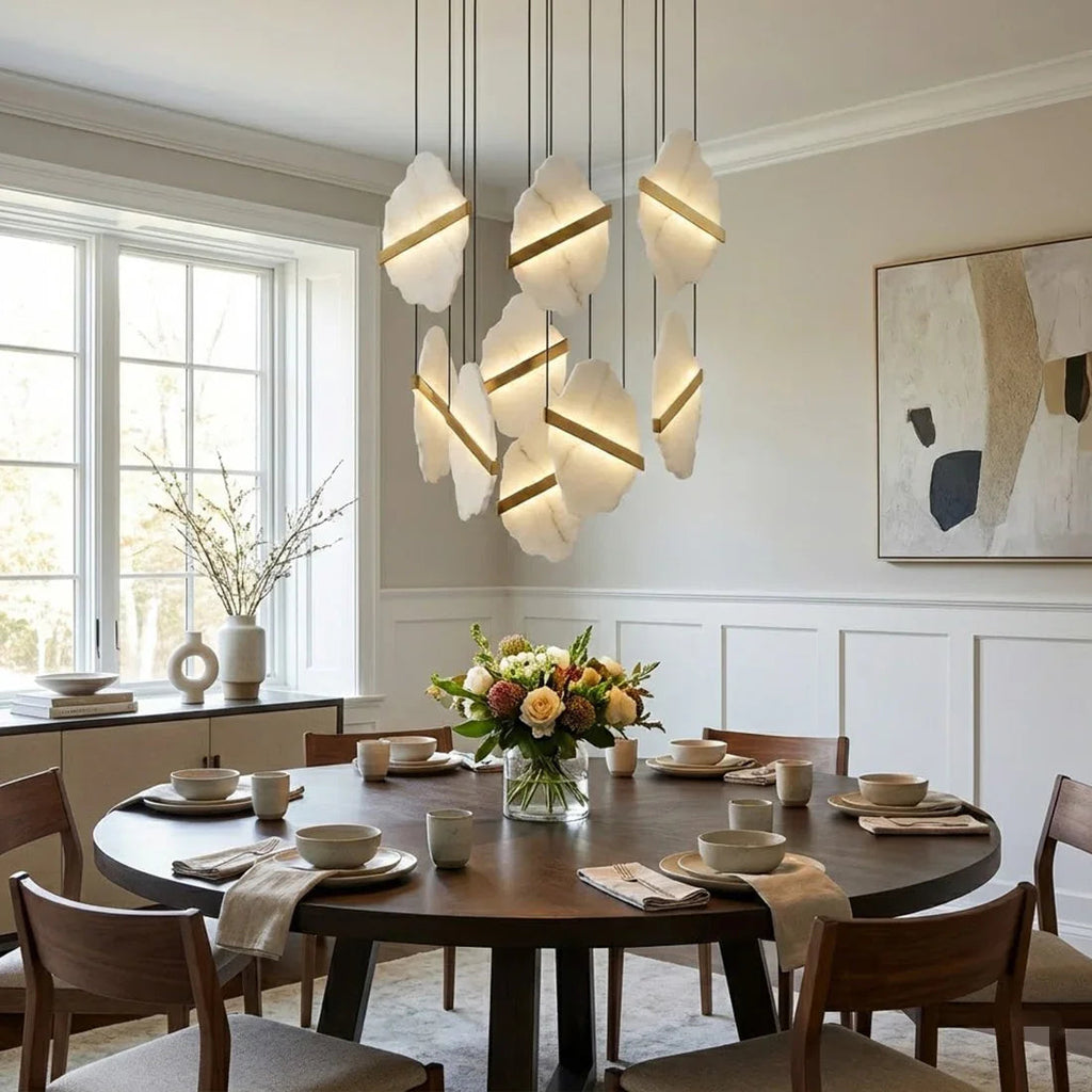 Cascading Alabaster Chandelier LED Gold Modern Staircase Light