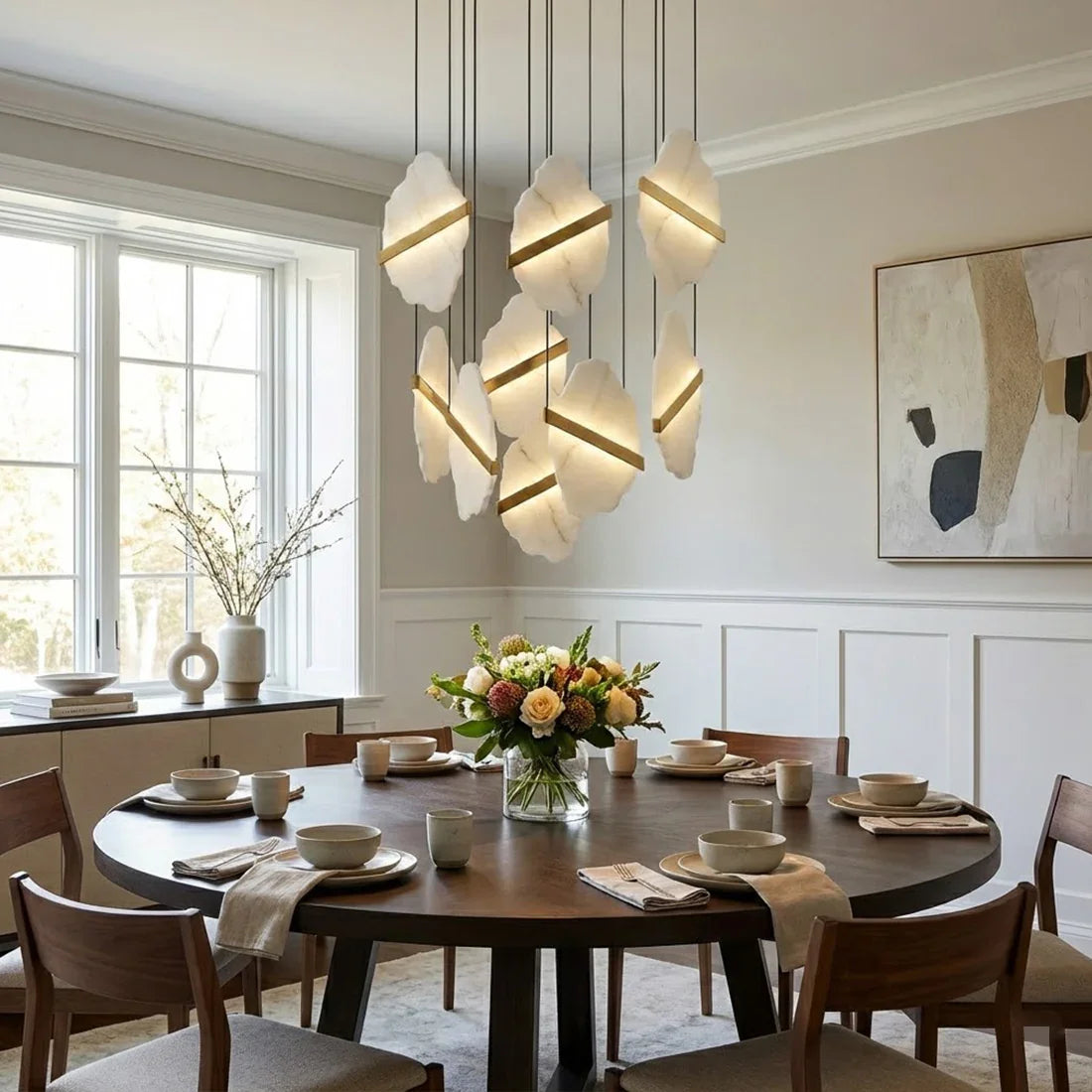 Cascading Alabaster Chandelier LED Gold Modern Staircase Light