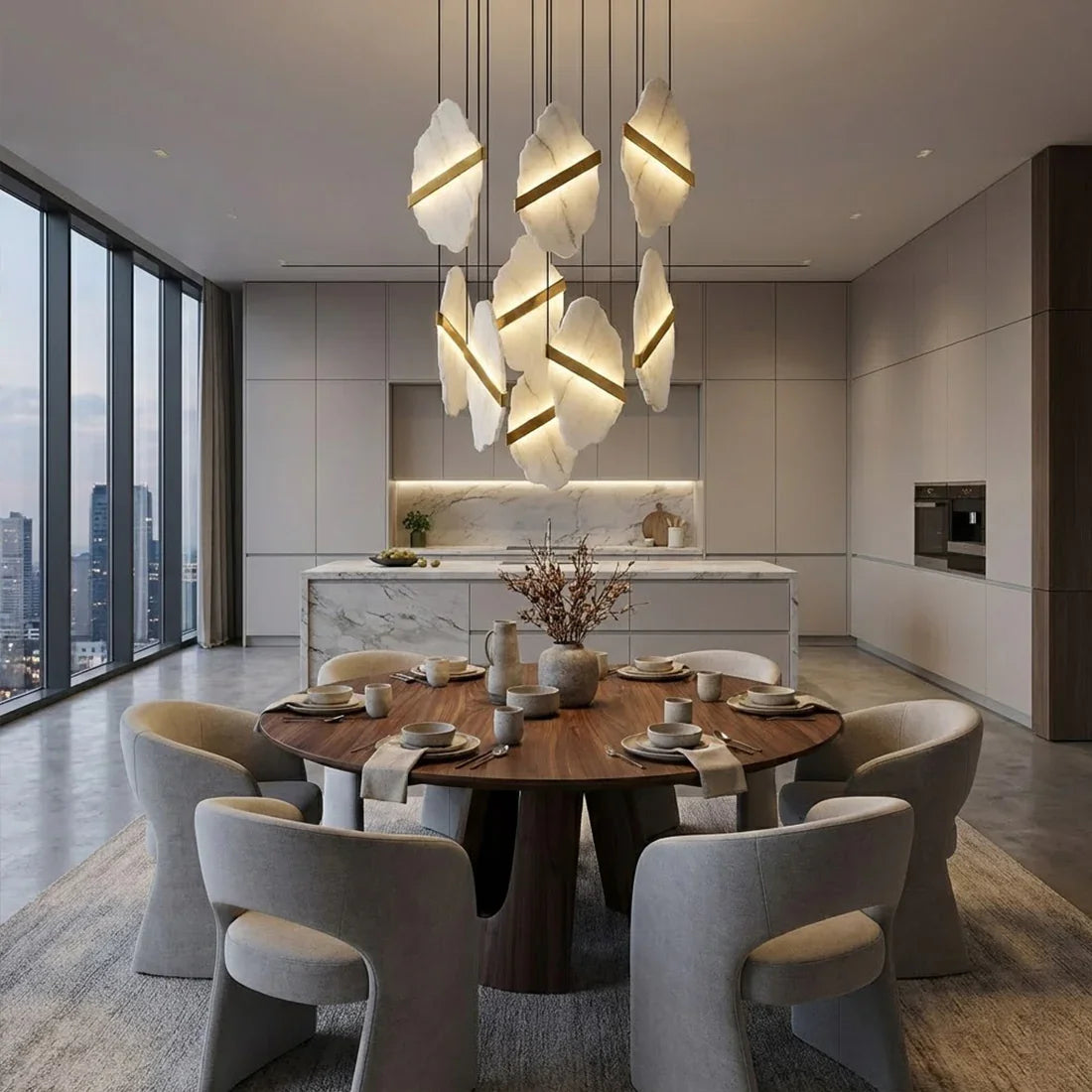 Cascading Alabaster Chandelier LED Gold Modern Staircase Light