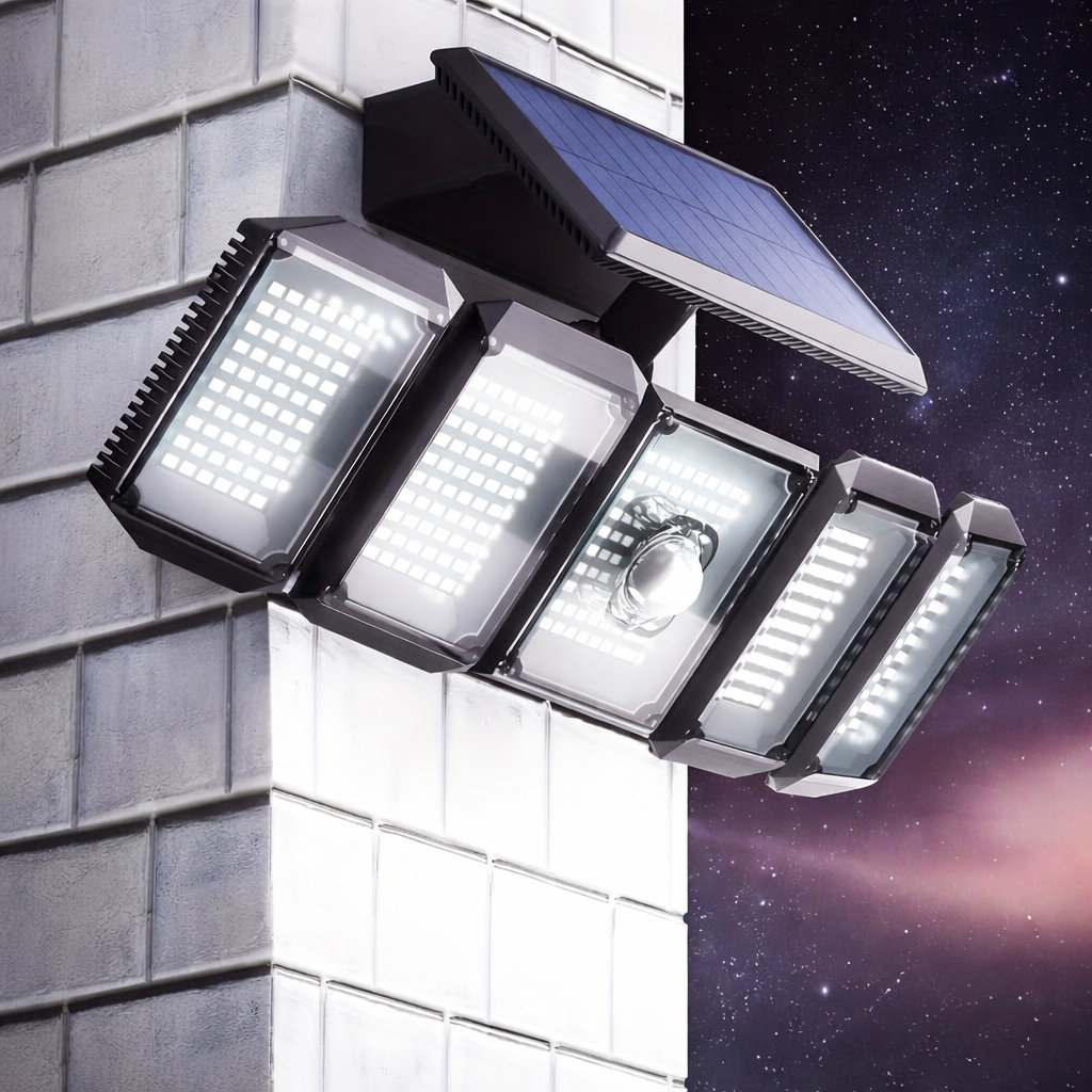 Solar Motion Sensor Flood Light – 300 LED, 5-Head, 7000K, Remote, Outdoor Use