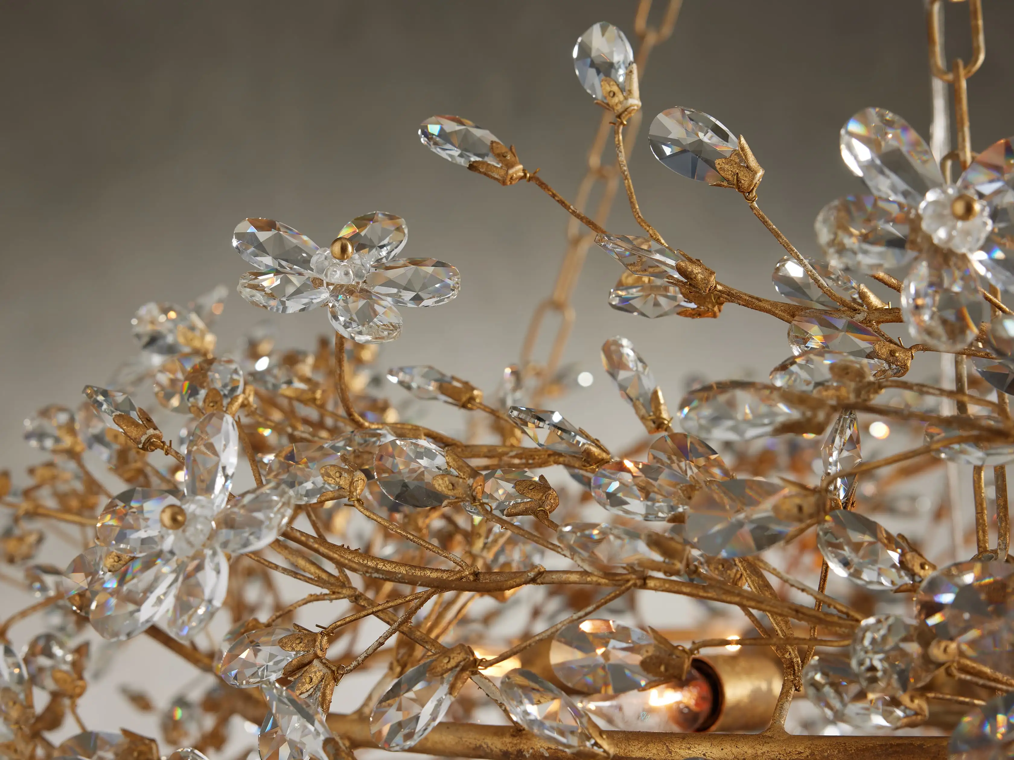 Large Crystal Floral Chandelier Iron Gold Leaf Ceiling Light