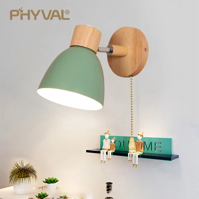 Wooden Wall Lamp with Switch – Modern E27 Adjustable Sconce for Bedroom & Living Room