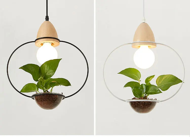 Art Deco LED Plant Pendant Light Wood Base Rustic Hanging Lamp for Dining Cafe Bar