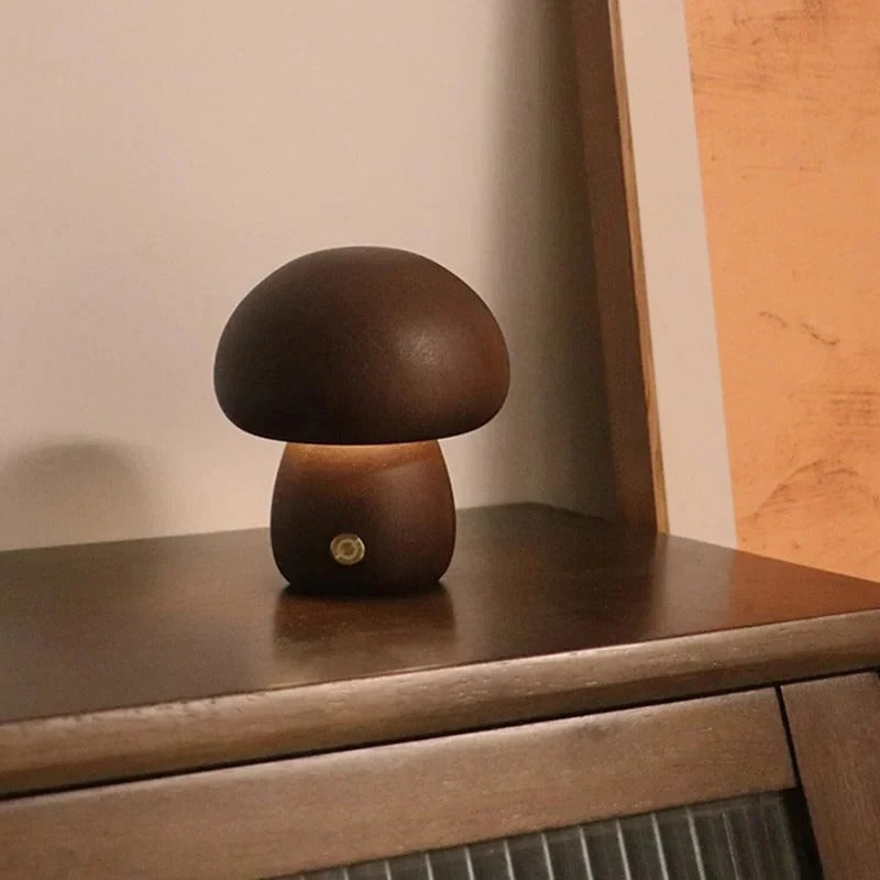 Mushroom Bedside Lamp – Touch-Controlled Dimmable Beech Wood Nightstand Light