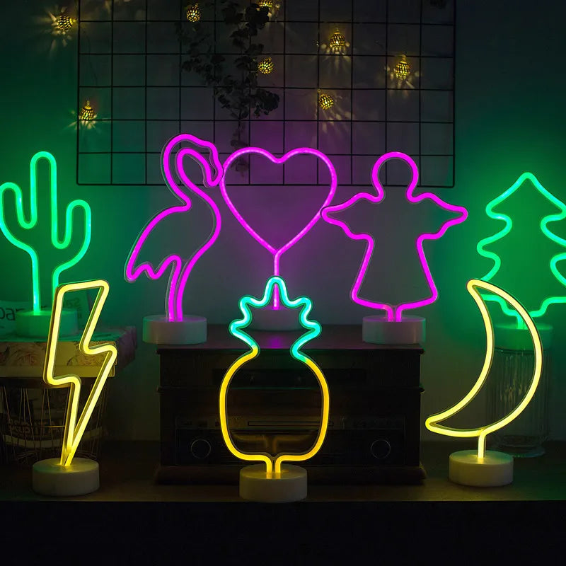 Neon Night Light USB Battery Table Lamp Flamingo Cactus Room Decor for Bedroom