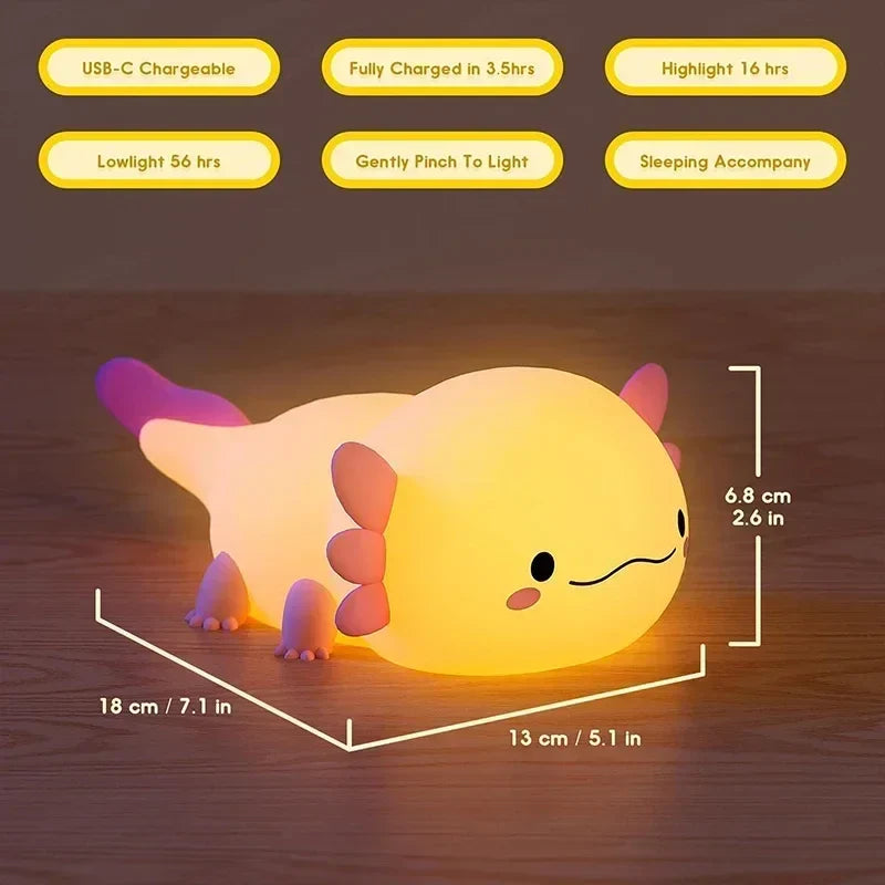 Axolotl Night Light Silicone Baby Night Lamp Touch Control USB Rechargeable Nursery