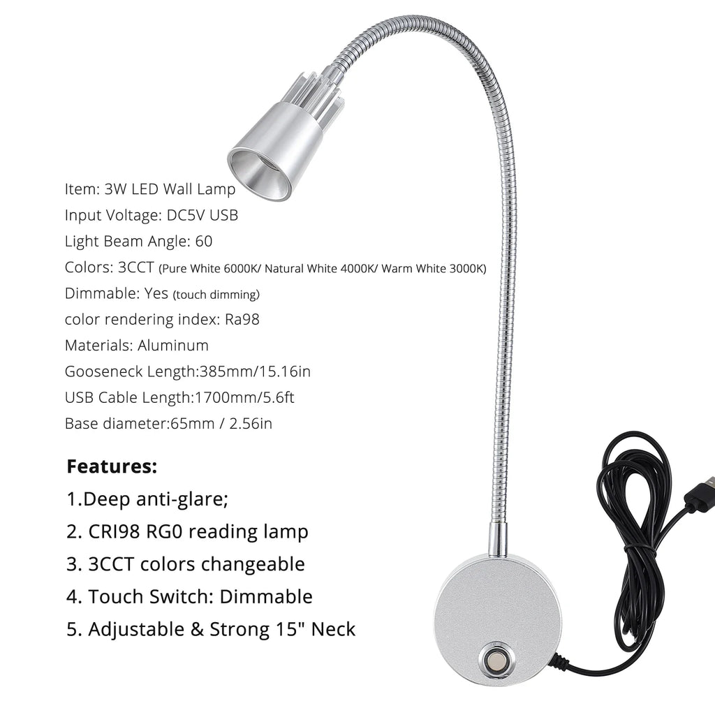 USB Wall Reading Lamp Dimmable Gooseneck Bedside Light 3CCT CRI98