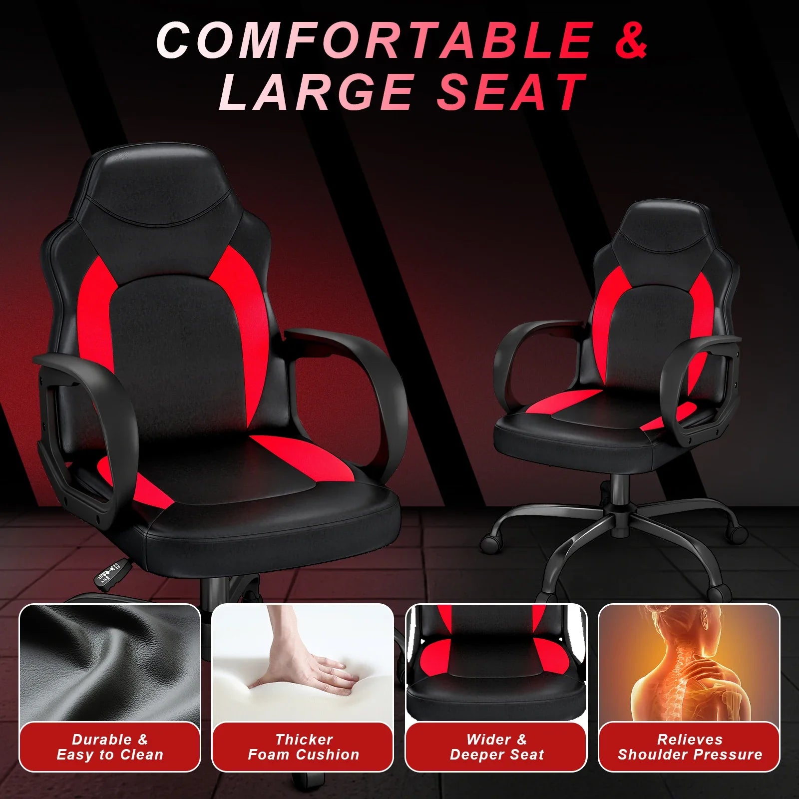Ergonomic PU Leather Gaming Chair Swivel Adjustable Office Desk Chair Red