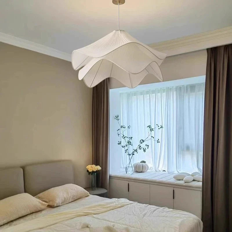 Nordic LED Pendant Lamp White Fabric Flower Chandelier Living Room Bedroom Decor