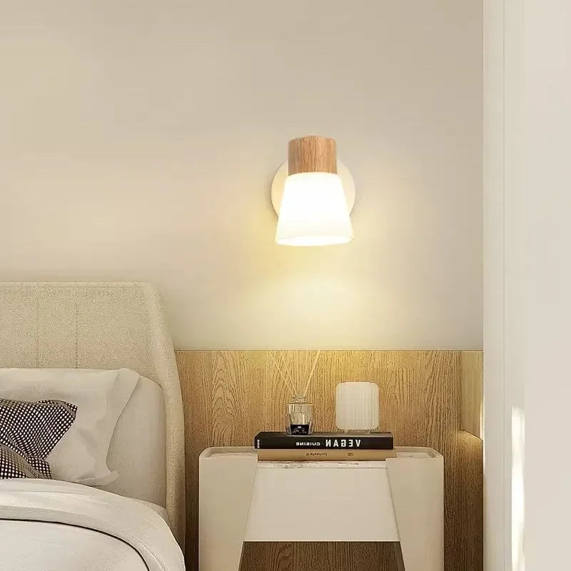 Minimalist Wooden Wall Lamp Double Head Glass Bedside Sconce Bedroom