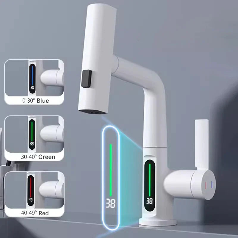 Pull Out Waterfall Kitchen Faucet Digital Display Hot Cold Mixer Sink Tap