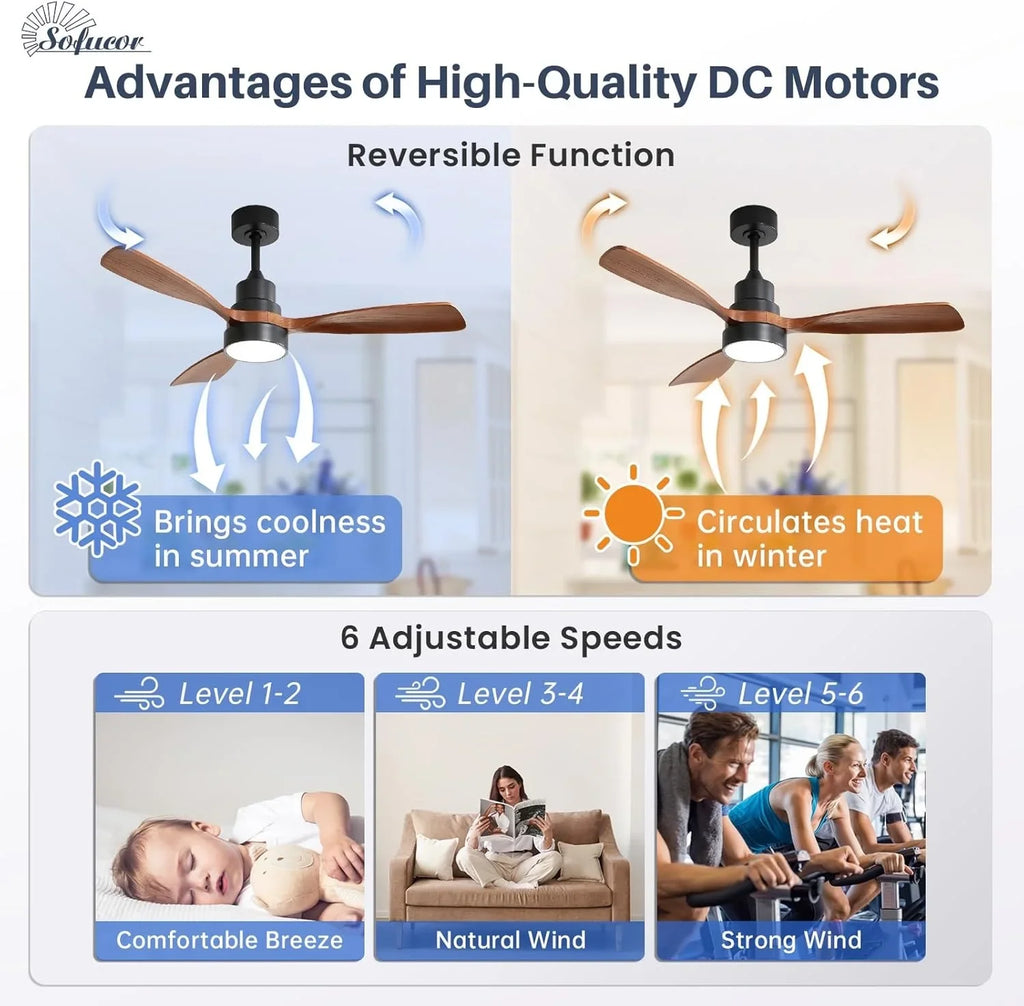48 Inch Smart Wood Ceiling Fan with LED Light Remote 6-Speed DC