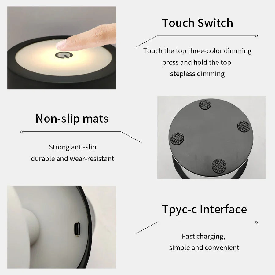 Rechargeable LED Desk Lamp 3-Color Adjustable Bedside Table Light Modern Decor