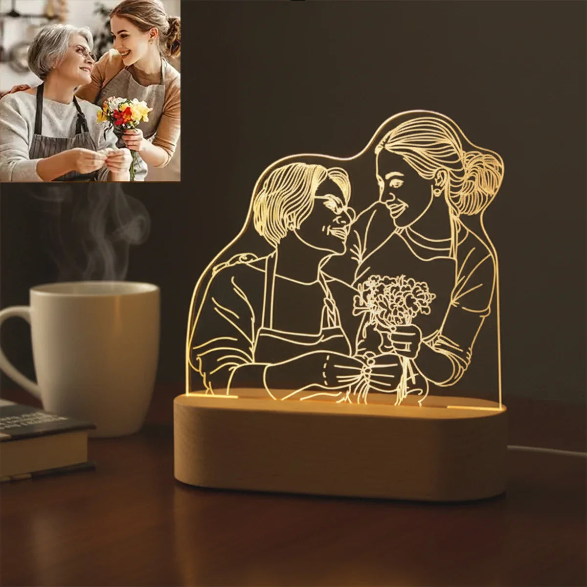 Custom 3D Photo Lamp LED Night Light Wooden Base Personalized Gift