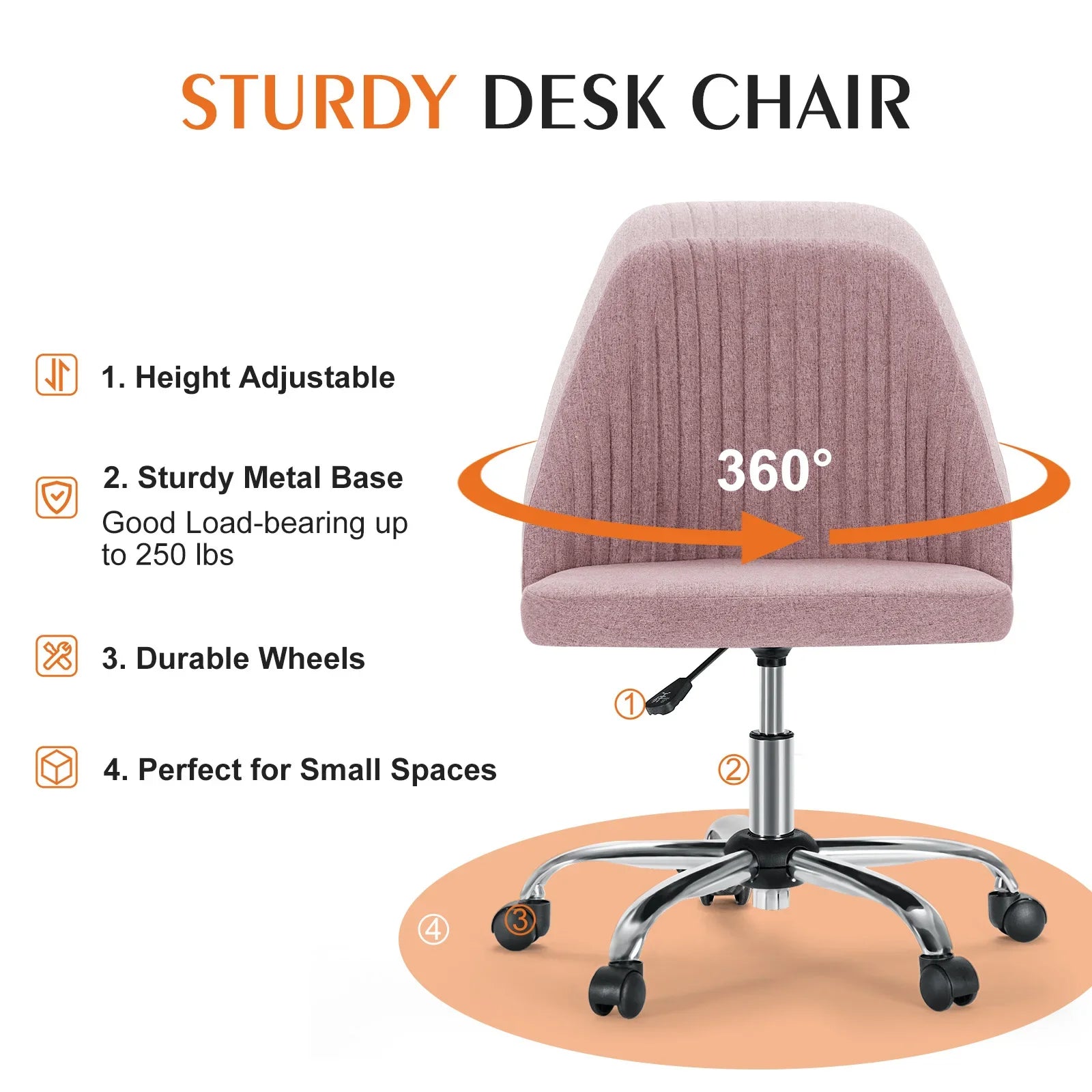 Armless Small Desk Office Chair Swivel Vanity Task Chair with Back and Wheels