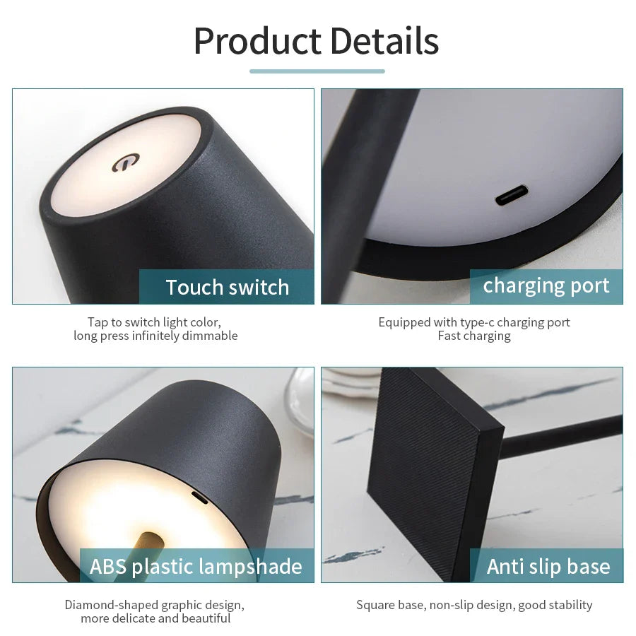 LED Table Lamp 3-Level Dimmable Wireless Touch Desk Lamp USB Rechargeable Night Light
