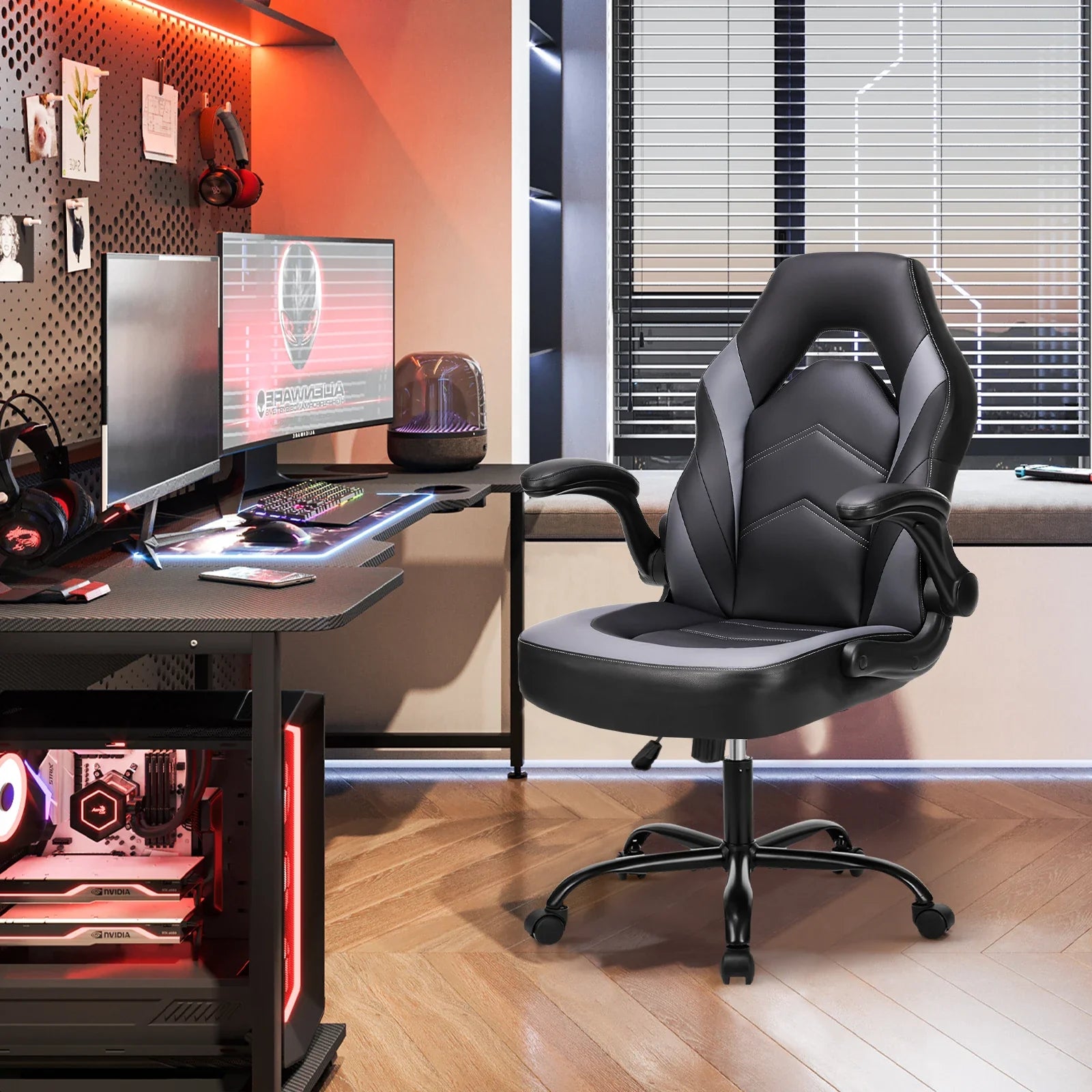 PU Leather Ergonomic Gaming Chair Flip-Up Armrests Adjustable Office Desk
