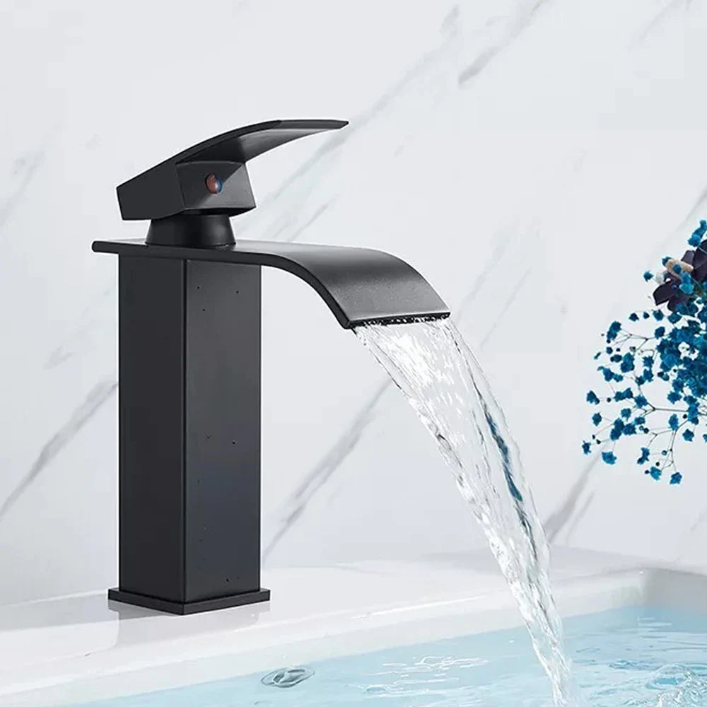 Black Waterfall Bathroom Faucet Basin Mixer Tap Single Hole Hot Cold Sink Tap