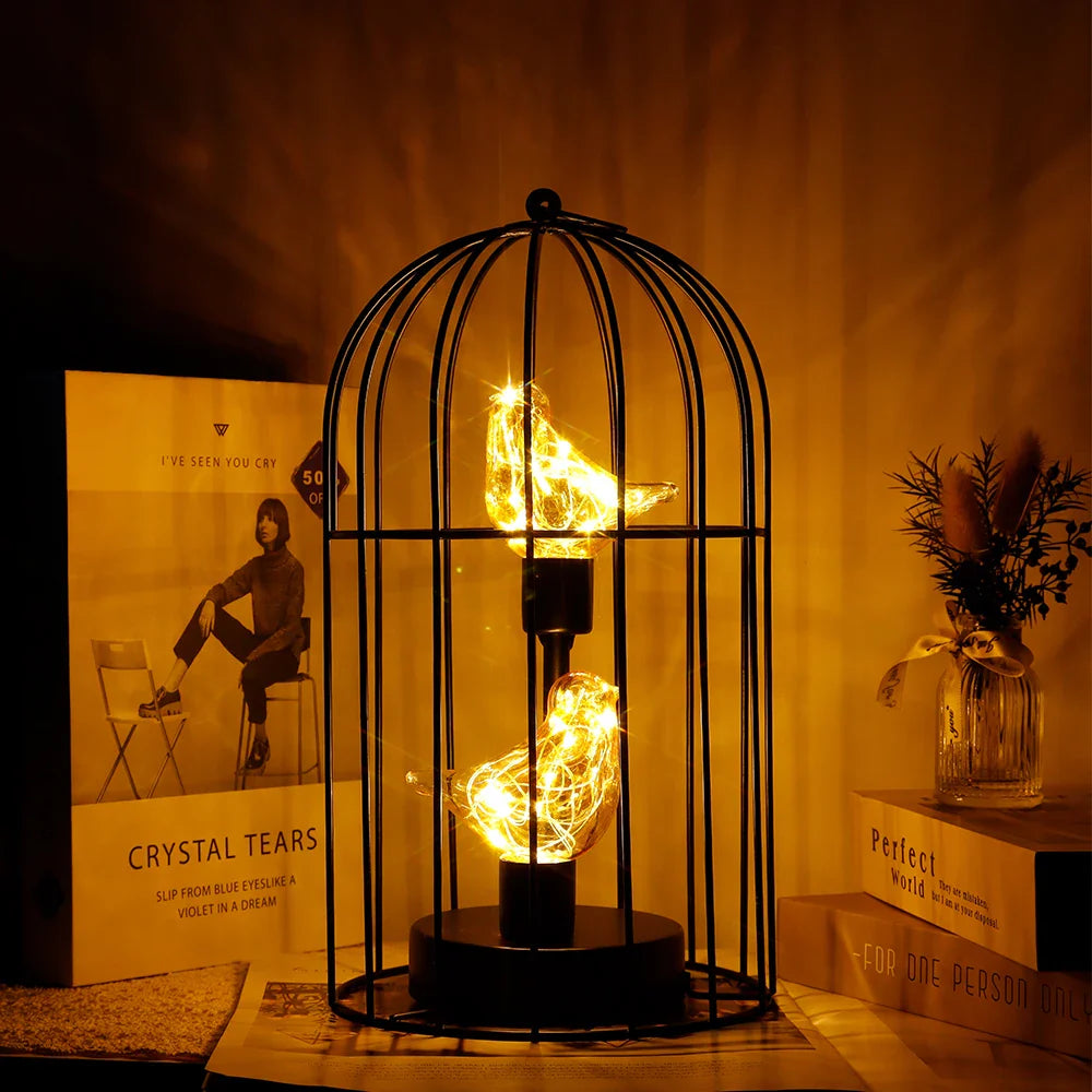 Birdcage Table Lamp Battery Operated Cordless Fairy Light Bird LED Home Decor