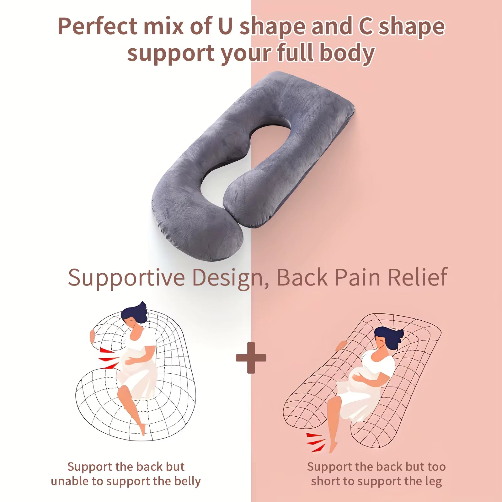U-Shaped Full Body Pillow Side Sleeper Support Cushion 155cm Grey