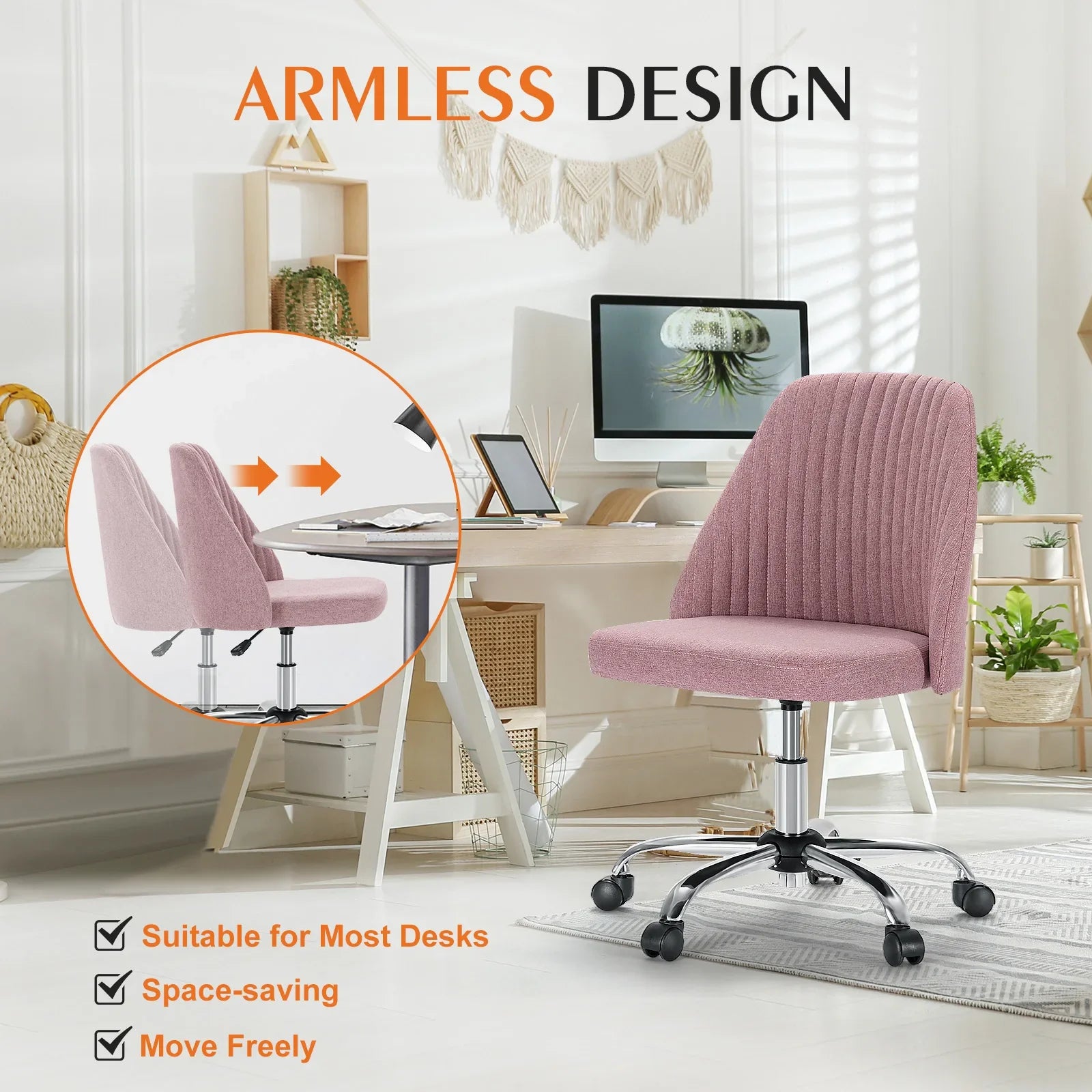Armless Small Desk Office Chair Swivel Vanity Task Chair with Back and Wheels