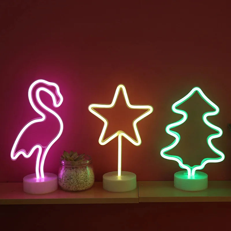 Neon Night Light USB Battery Table Lamp Flamingo Cactus Room Decor for Bedroom