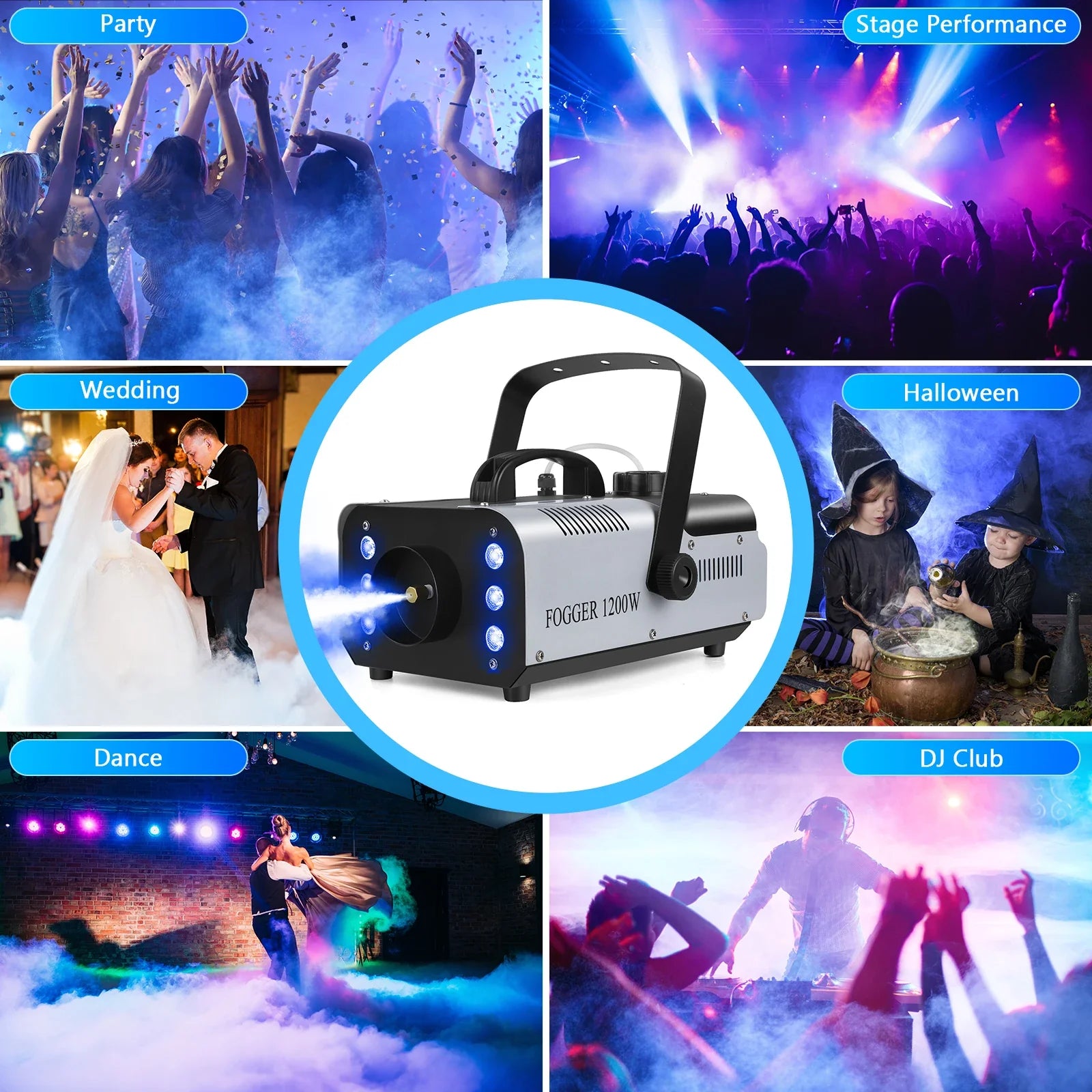 1200W Smoke Fog Machine with RGB 6LEDs Remote Stage Haze Generator for Parties