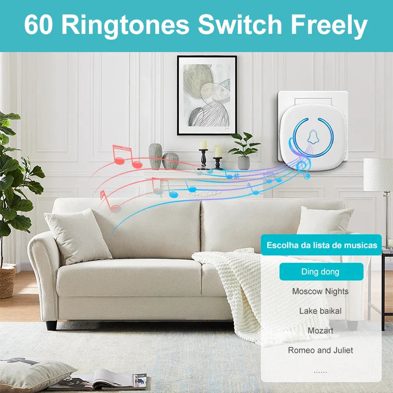 Wireless Doorbell Long Range 300M Smart Door Chime with 60 Melodies Plug-In Receiver