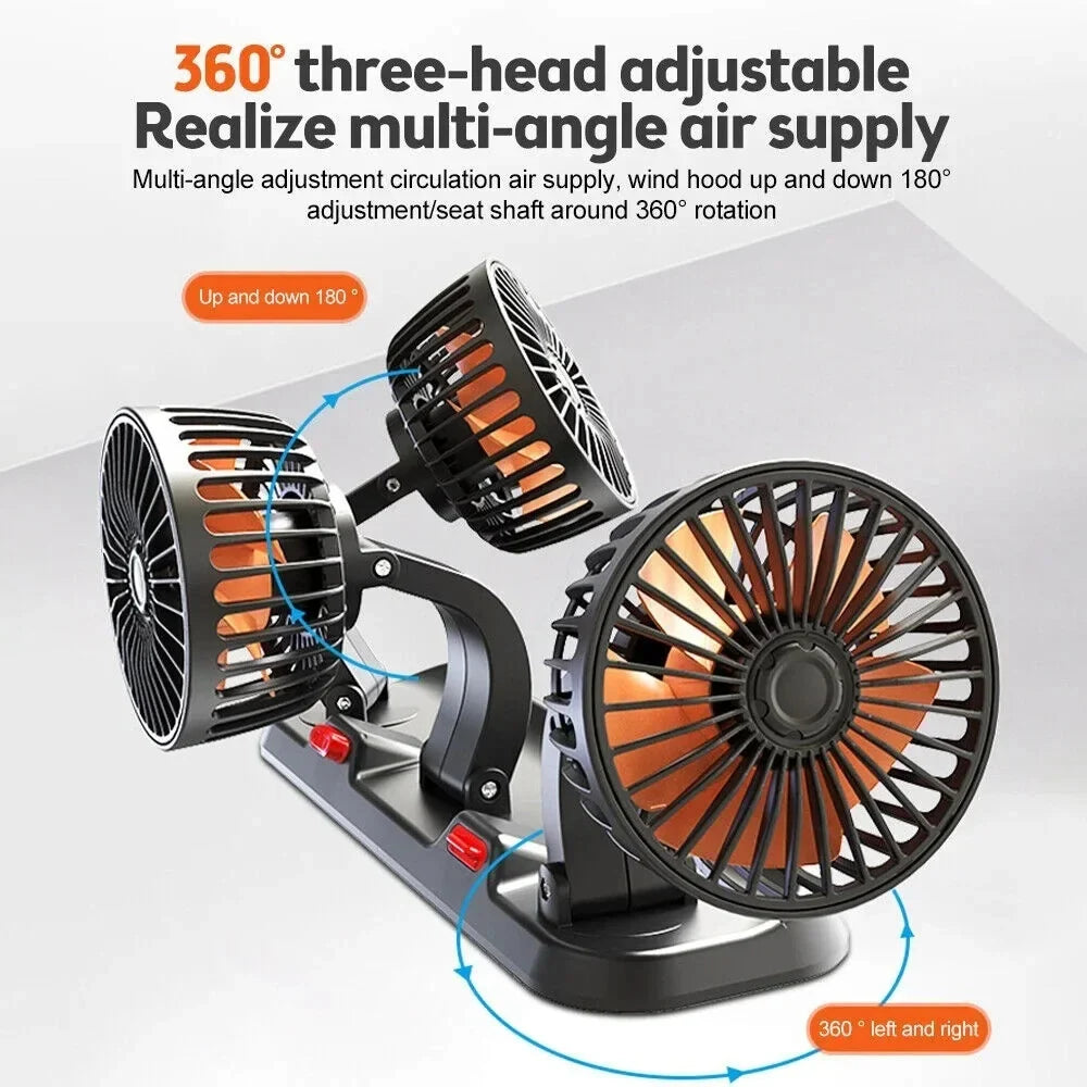 Car Cooling Fan Dual Head 360° Rotating 12V/24V USB
