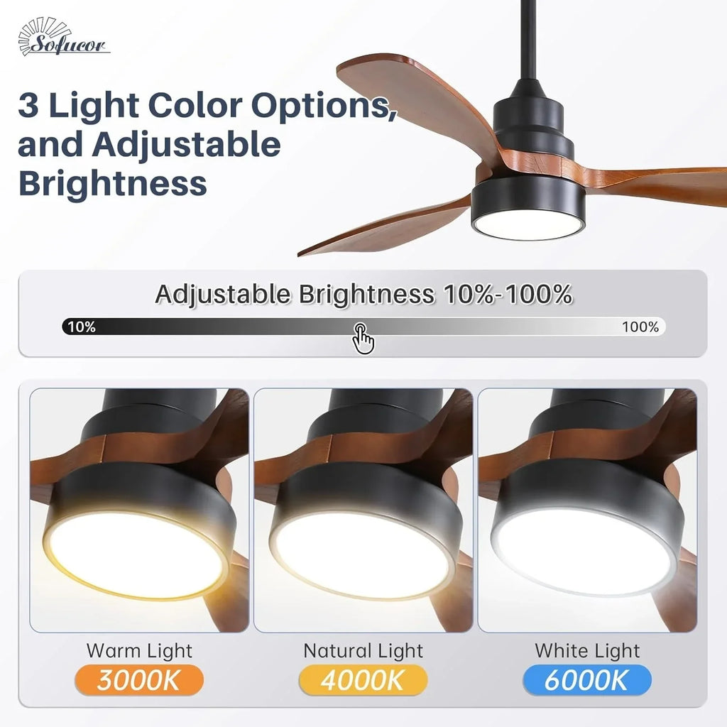 48 Inch Smart Wood Ceiling Fan with LED Light Remote 6-Speed DC