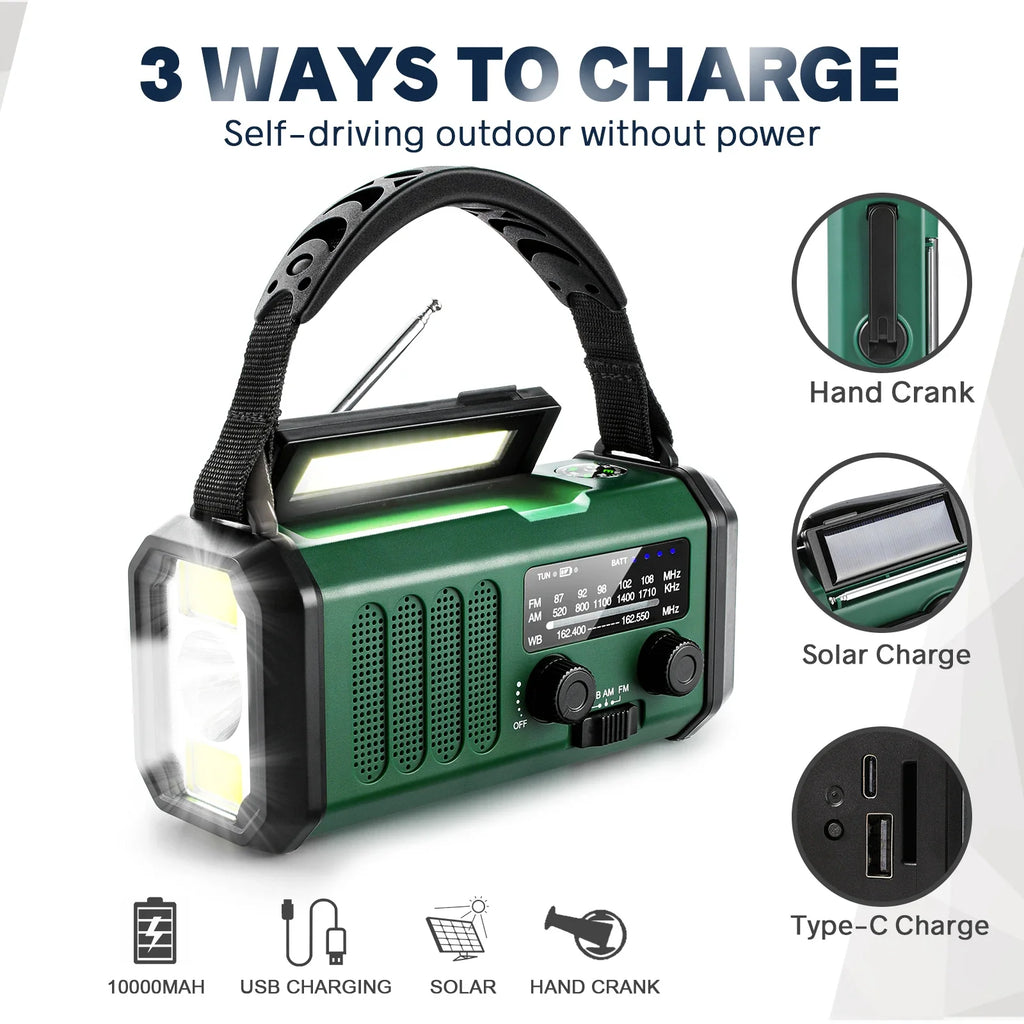 Emergency NOAA Weather Radio Solar Hand Crank 10000mAh Power Bank SOS