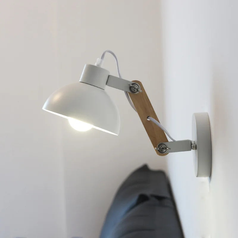 Nordic Adjustable Wall Sconce Robotic Arm Wood Iron E27 Bedroom Hotel Light
