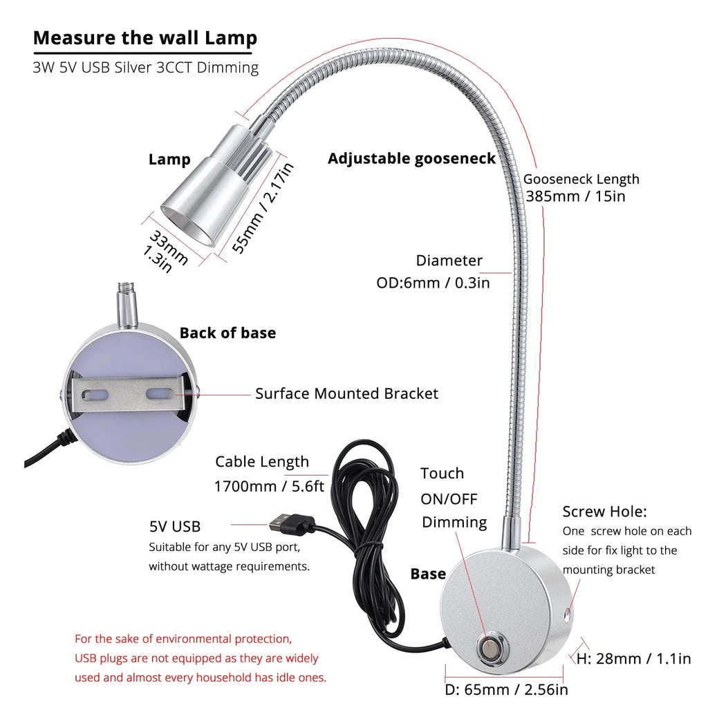 USB Wall Reading Lamp Dimmable Gooseneck Bedside Light 3CCT CRI98